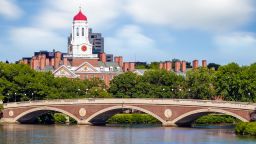 John W. Weeks Bridge with clock tower over Charles River in Harvard University campus Boston