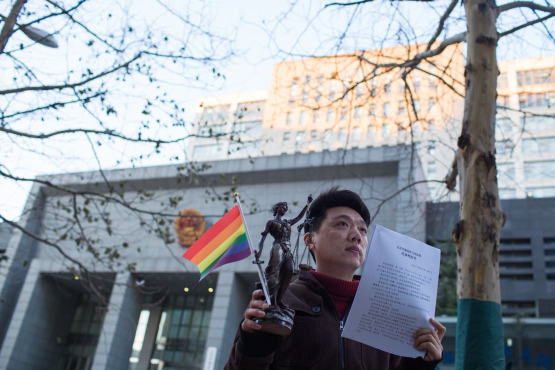 LGBT activist Peng Yanhui outside Beijing court when he won his case in December 2014.