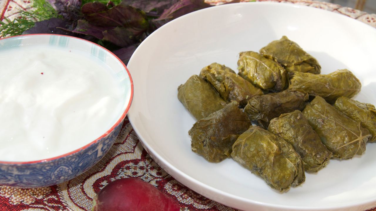 <strong>Yarpaq:</strong> A variety of dolma, yarpaq, (grape leaf) is made from minced meat wrapped in grape leaves and cooked over a slow fire.<br />