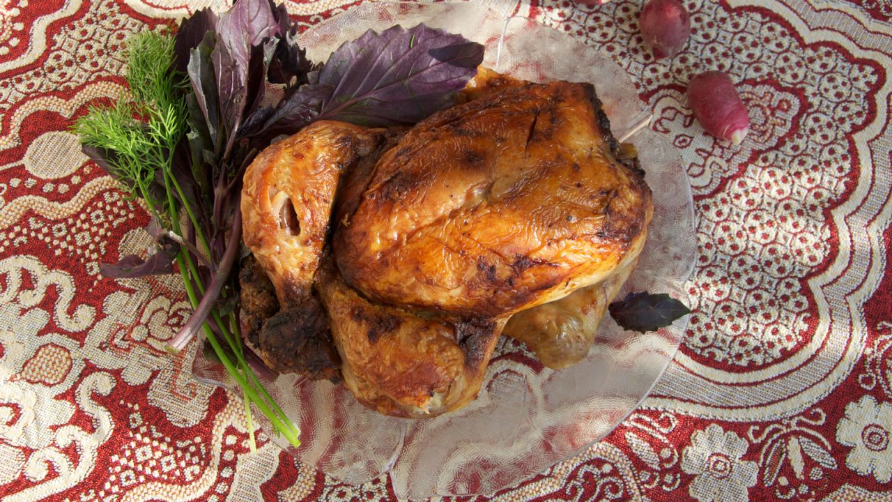 <strong>Levengi chicken:</strong> Although it looks like a standard grilled chicken on the outside, inside lies a stuffing consisting of fried onions, roasted walnuts, raisins, dried plums, dried pitted Cornelian cherries, minced and mixed into a paste. 