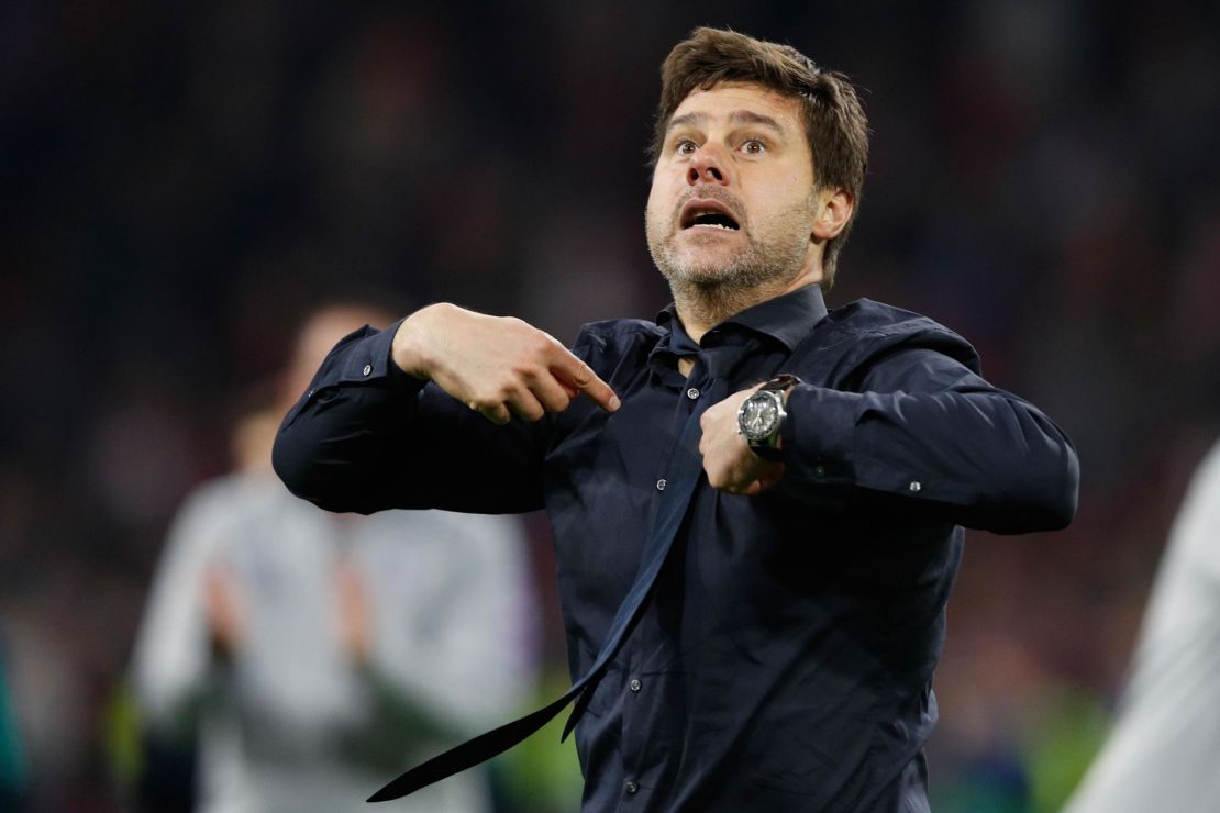 Mauricio Pochettino is seen on the sidelines of a matach against Ajax on May 8, 2019. 