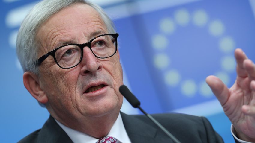 BRUSSELS, BELGIUM - NOVEMBER 25: President of the European Commission Jean-Claude Juncker speaks to the media with European Union chief Brexit negotiator Michel Barnier and European Council President Donald Tusk during a press conference after attending a special session of the European Council over Brexit on November 25, 2018 in Brussels, Belgium. The three EU representatives briefed the media after leaders of the 27 remaining member states of the European Union met and approved the United Kingdom's withdrawal agreement for leaving the European Union and the political declaration that will set the course for the U.K.'s relationship with the E.U. once Brexit is complete. (Photo by Sean Gallup/Getty Images)