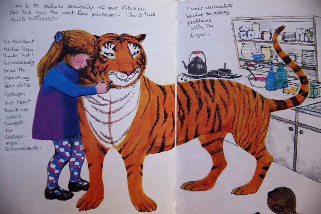 An annotated page from "The Tiger Who Came to Tea" was sold at auction in 2014 in London.