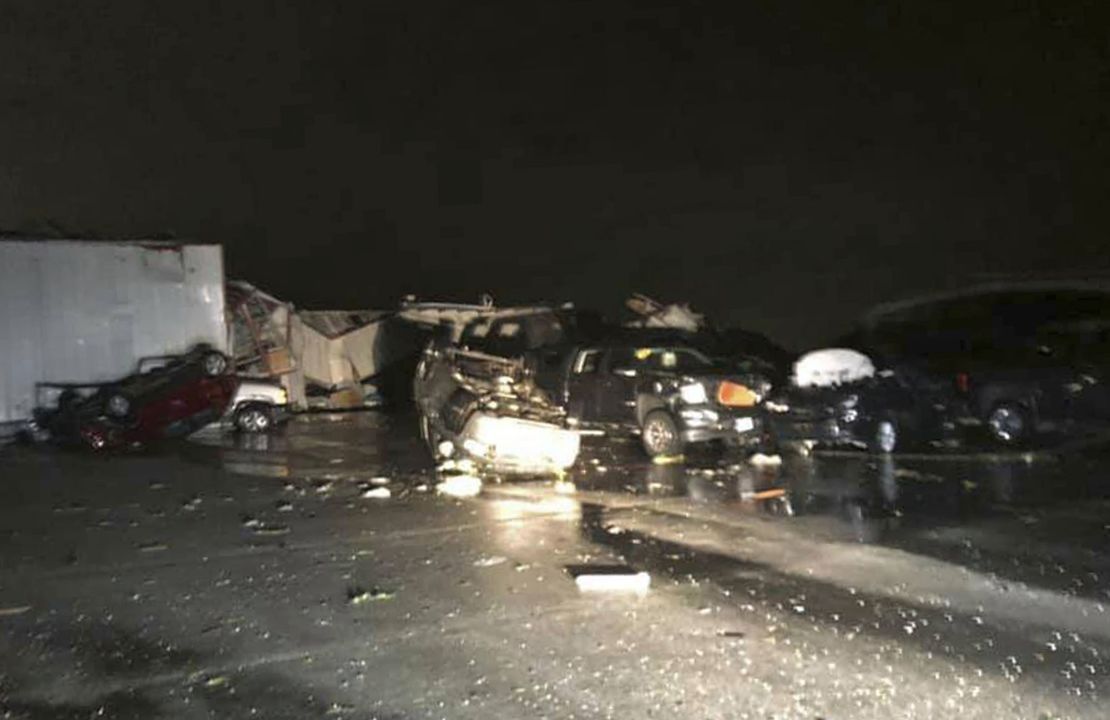 This image provided by John Dolson shows the damage of a car dealership in Jefferson City. 