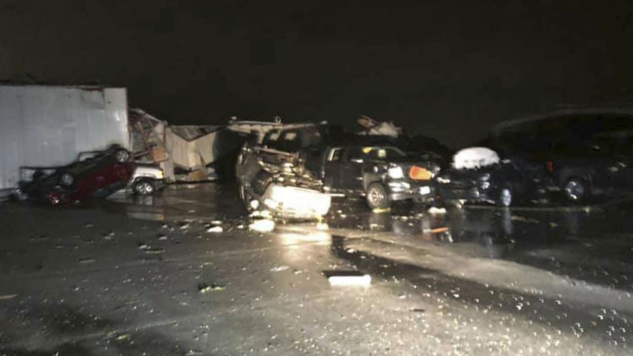 This image provided by John Dolson shows the damage of a car dealership in Jefferson City. 