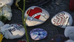 A painted rock sits outside one of the makeshift memorials at Marjory Stoneman Douglas High School in Parkland, Florida on February 27, 2018.
Florida's Marjory Stoneman Douglas high school will reopen on February 28, 2018 two weeks after 17 people were killed in a shooting by former student, Nikolas Cruz, leaving 17 people dead and 15 injured on February 14, 2018. / AFP PHOTO / RHONA WISE        (Photo credit should read RHONA WISE/AFP/Getty Images)