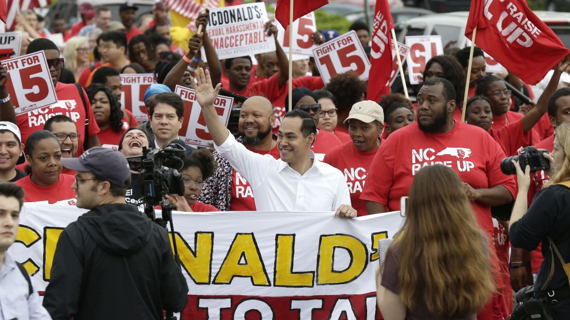 Presidential candidate Julian Castro rallies with McDonald's employees in Durham, North Carolina.