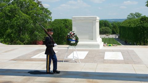 View of a uniformed guard at the Tomb of the Unknown Soldier at Arlington National Cemetery, Arlington, Virginia, April 20, 2012. (Photo by Mark Reinstein/Corbis via Getty Images)