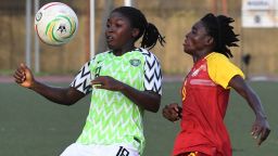 Nigeria's Rafiat Sule (L) vies for the ball with Ghana's Abdulai Mukarama during the West African Football Union (WAFU) women semi-final football match between Ghana and Nigeria at the Robert Champroux stadium in Abidjan on May 16, 2019. (Photo by ISSOUF SANOGO / AFP)        (Photo credit should read ISSOUF SANOGO/AFP/Getty Images)
