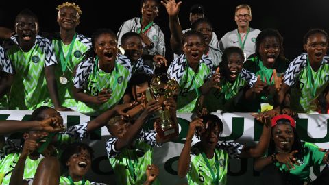 The Super Falcons celebrate victory over the Ivory Coast in the West African Football Union (WAFU) women's final.