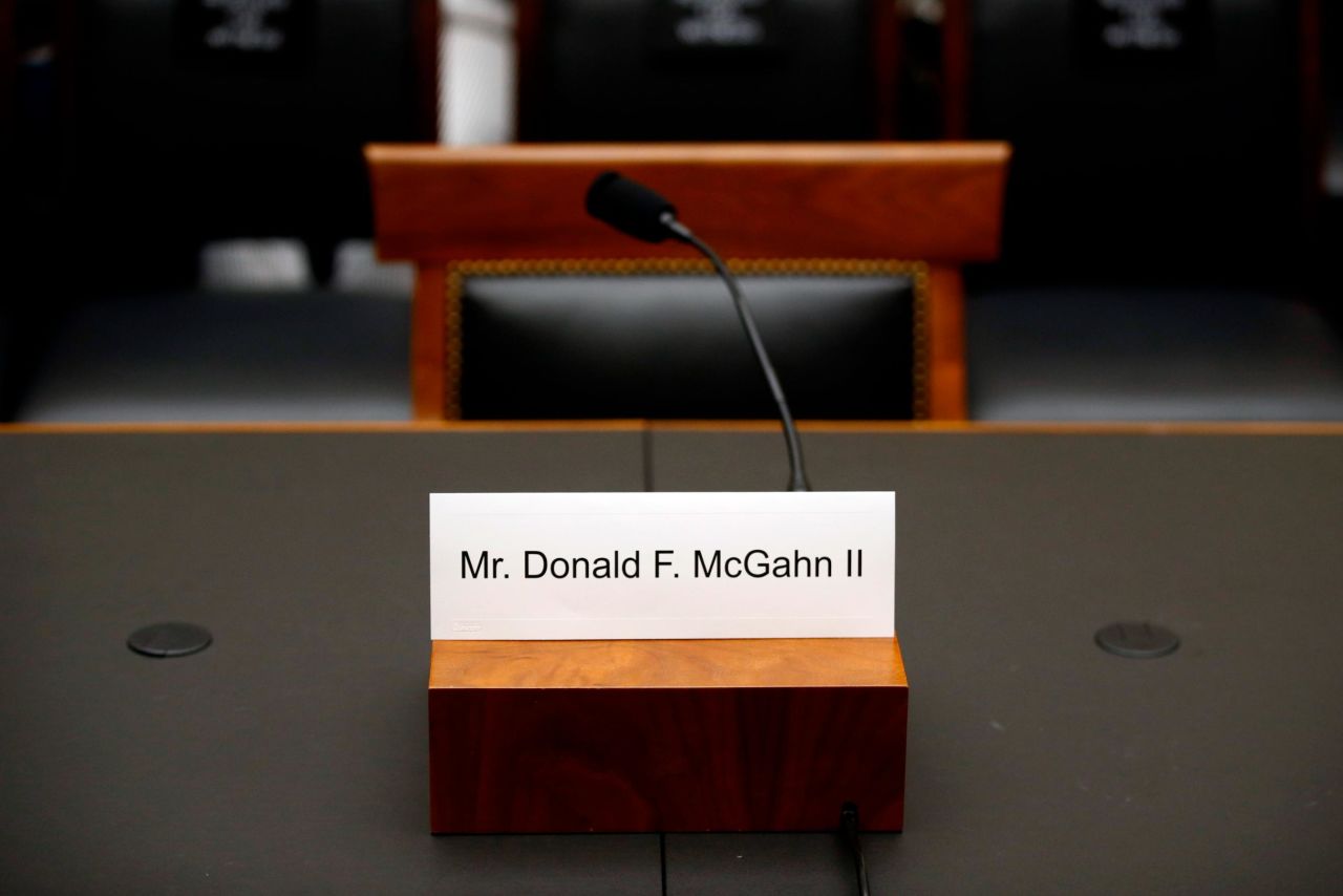 A name placard is displayed for former White House counsel Don McGahn, <a href="https://www.cnn.com/2019/05/21/politics/house-judiciary-committee-don-mcgahn-no-show/index.html" target="_blank">who was subpoenaed but didn't show up</a> for a hearing of the House Judiciary Committee on Tuesday, May 21. The White House said it would not allow McGahn to turn over documents related to the committee's obstruction of justice investigation.