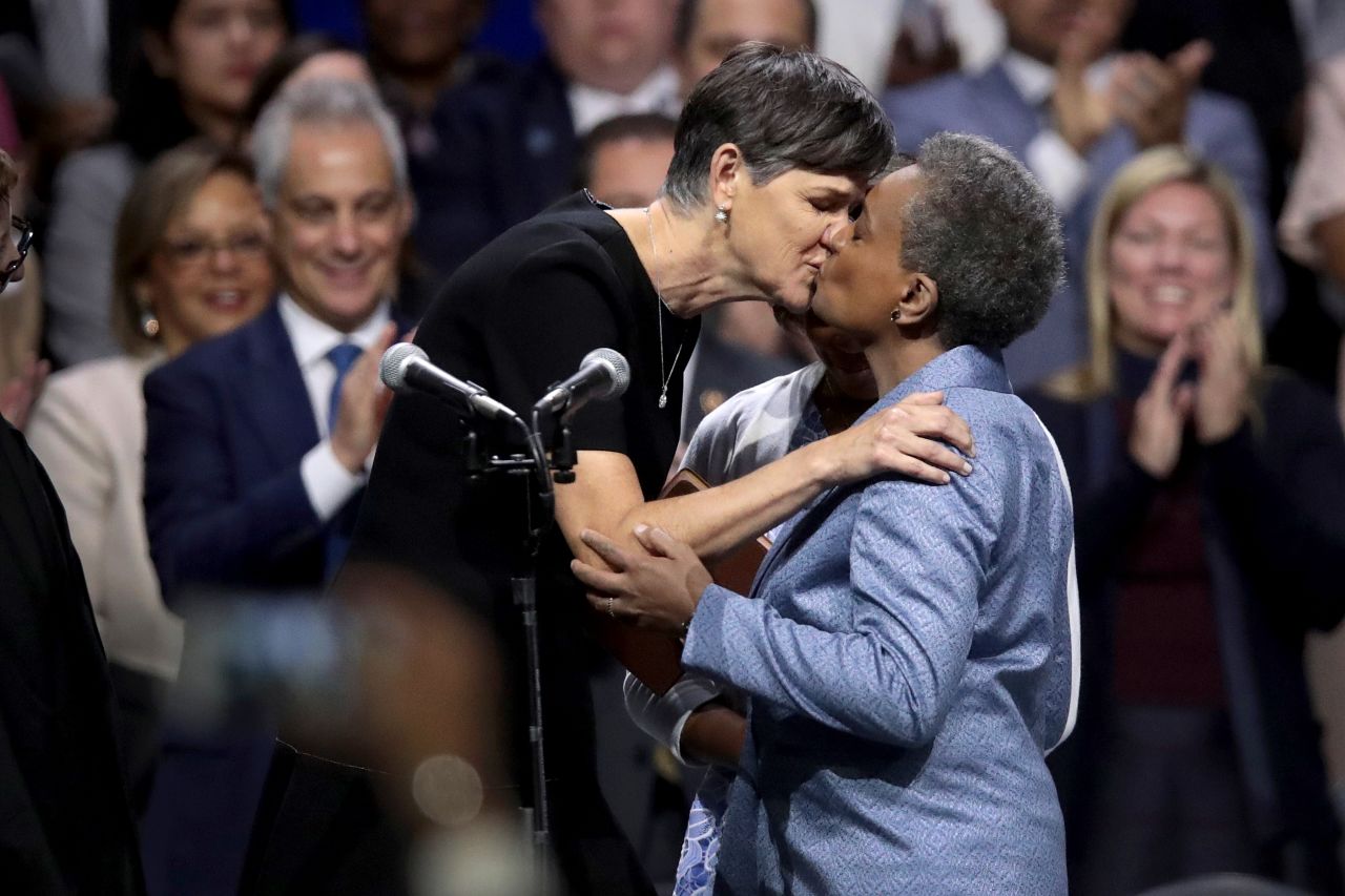 New Chicago Mayor Lori Lightfoot, right, is congratulated by her wife, Amy Eshleman, after <a href="https://www.cnn.com/2019/05/20/us/chicago-mayor-inauguration/index.html" target="_blank">being sworn in</a> on Monday, May 20. Lightfoot is the city's first African-American lesbian mayor.