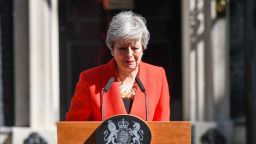 Theresa May, U.K. prime minister, delivers a speech announcing her resignation outside number 10 Downing Street in London, U.K., on Friday, May 24, 2019. May said she will step down on June 7. Photographer: Chris J. Ratcliffe/Bloomberg via Getty Images