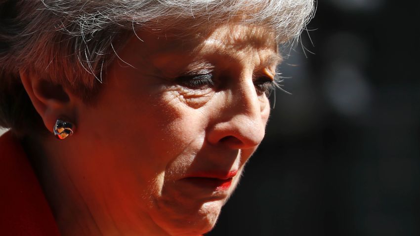 Britain's Prime Minister Theresa May reacts as she announces her resignation outside 10 Downing street in central London on May 24, 2019. - Beleaguered British Prime Minister Theresa May announced on Friday that she will resign on June 7, 2019 following a Conservative Party mutiny over her remaining in power. (Photo by Tolga AKMEN / AFP)        (Photo credit should read TOLGA AKMEN/AFP/Getty Images)
