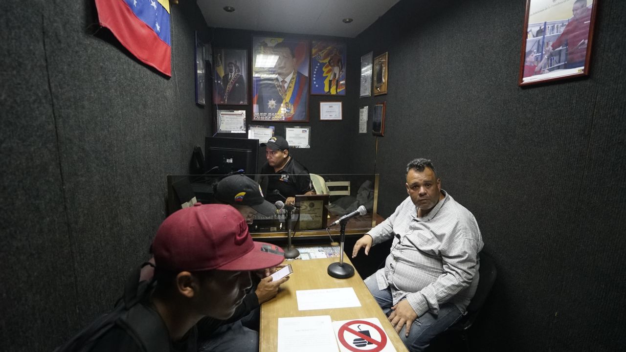 Naudy Mendez airs a pro-Maduro transmission on a colectivo controlled radio station in Caracas. 