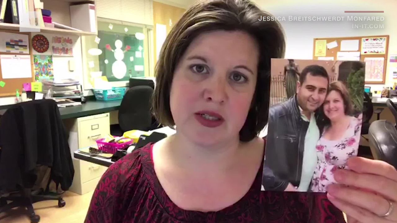 Jessica Breitschwerdt Monfared with a photo of herself and her husband, Pouya Monfared.