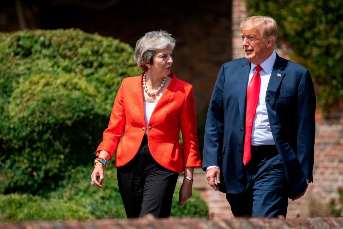 UK Prime Minister Theresa May and US President Donald Trump before a joint press conference at Chequers on July 13, 2018 in Aylesbury, England. 