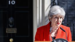 Britain's Prime Minister Theresa May announces her resignation outside 10 Downing street in central London on May 24, 2019. - Beleaguered British Prime Minister Theresa May announced on Friday that she will resign on June 7, 2019 following a Conservative Party mutiny over her remaining in power. (Photo by Tolga AKMEN / AFP)        (Photo credit should read TOLGA AKMEN/AFP/Getty Images)