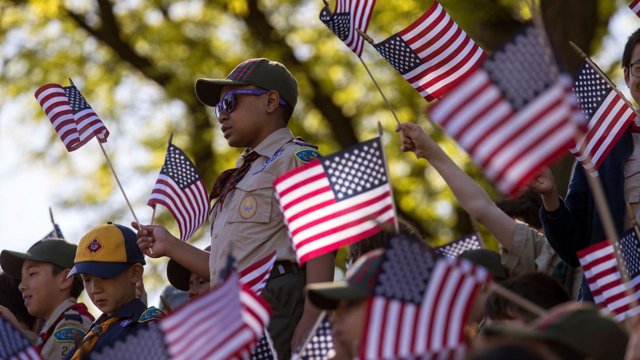 Scouts congregate at Green-Wood Cemetery in Brooklyn, New York, before placing flags at the grave sites of World War I veterans on May 25.
