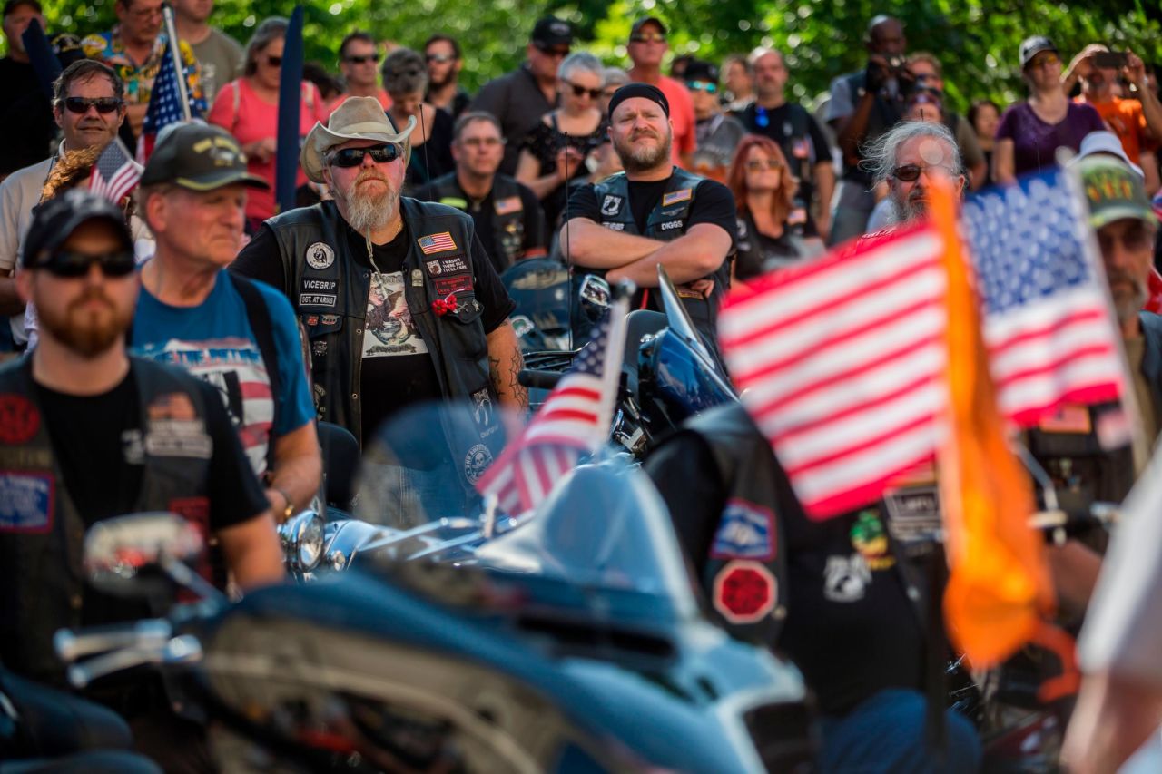 Bikers participate in a blessing of the bikes event at the Washington National Cathedral on May 24. The Rolling Thunder group is marking the 32nd anniversary of its annual Ride for Freedom motorcycle procession.