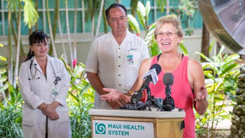 Julia Eller speaks about her daughter's rescue during a news conference in Maui on Saturday.