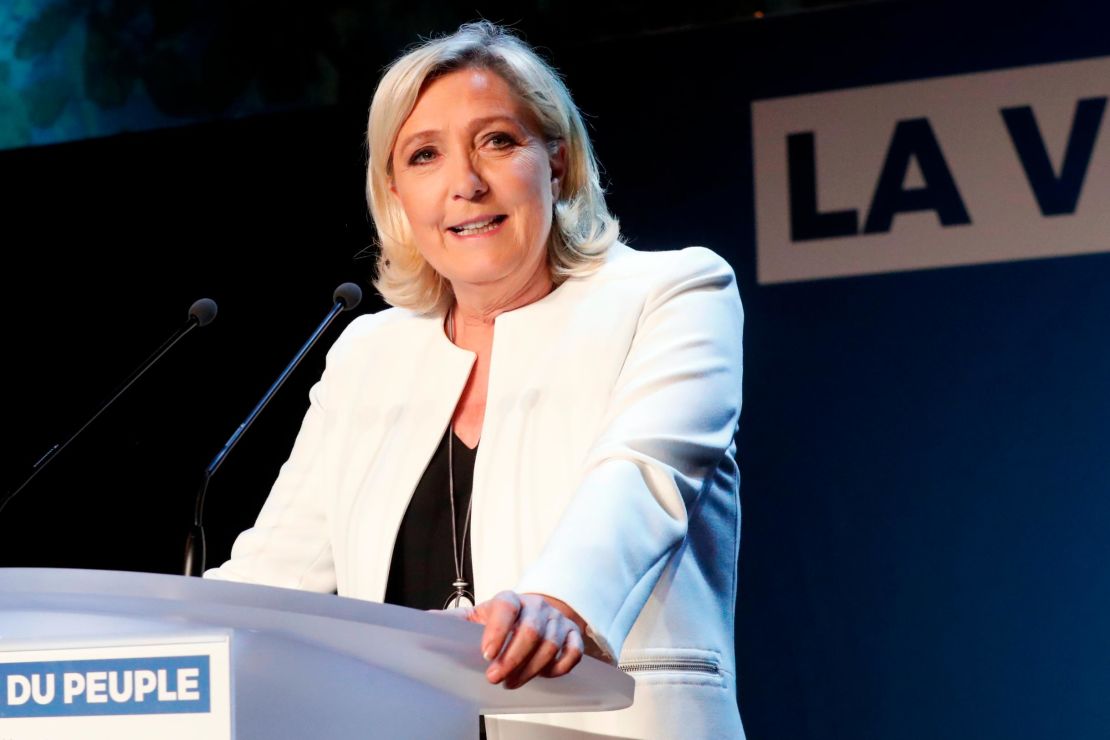 Far-right National Party leader Marine le Pen speaks to supporters at the party's campaign headquarters in Paris on Sunday, May 26.