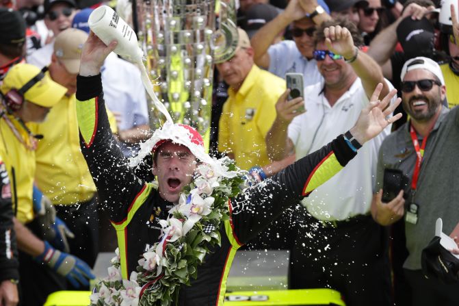Simon Pagenaud, of France, celebrates after winning the Indianapolis 500 IndyCar auto race at Indianapolis Motor Speedway, on Sunday, May 26 in Indianapolis.