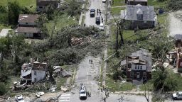 This aerial image shows severe storm damage in Jefferson City, Mo., Thursday, May 23, 2019, after a tornado hit overnight. A tornado tore apart buildings in Missouri's capital city as part of an overnight outbreak of severe weather across the state. (AP Photo/Jeff Roberson)