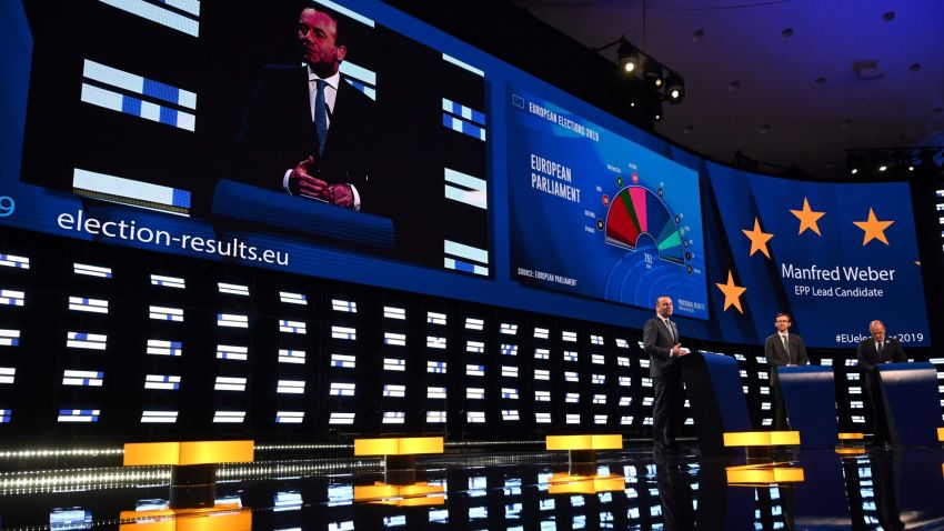German top candidate of the European People's Party (EPP) for the European elections Manfred Weber is seen beside a projection of the election results during a EPP election-night event for European parliamentary elections in Brussels on May 26, 2019. (Photo by EMMANUEL DUNAND / AFP)EMMANUEL DUNAND/AFP/Getty Images