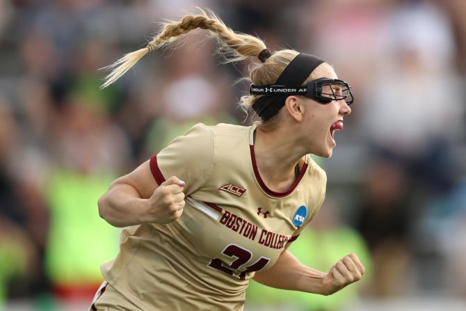 Kate Taylor of Boston College Eagles celebrates her goal against the University of North Carolina Tar Heels during the second half of the 2019 NCAA Division I Women's Lacrosse Championship Semifinals at Homewood Field on Friday, May 24 in Baltimore, Maryland.