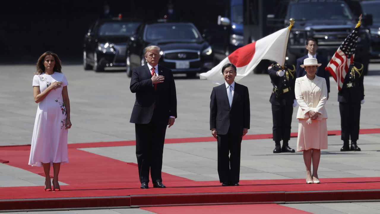 President Donald Trump and first lady Melania Trump participate in a welcome ceremony with Japanese Emperor Naruhito and  Empress Masako at the Imperial Palace in Tokyo on Monday.