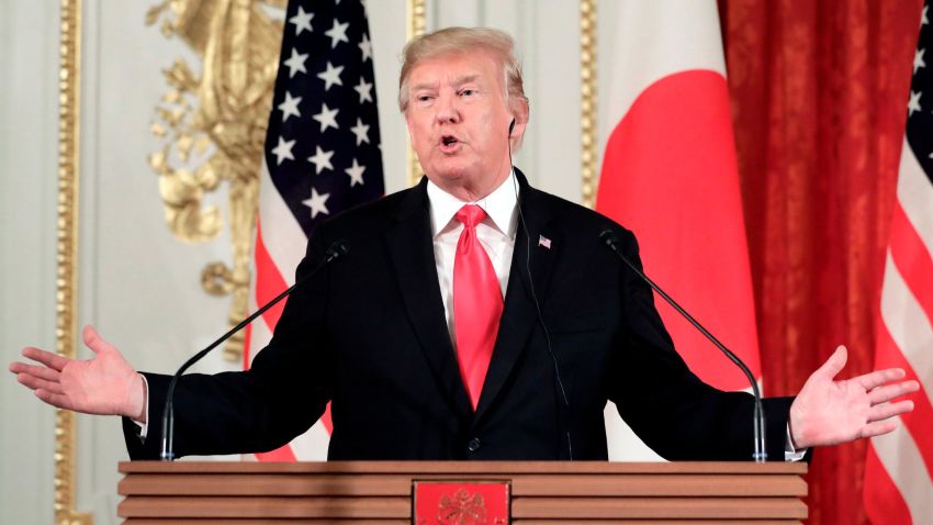 U.S. President Donald Trump, gestures as he speaks during a news conference with Shinzo Abe, Japan's prime minister, not pictured, at Akasaka Palace on May 27, 2019 in Tokyo, Japan. (Kiyoshi Ota - Pool/Getty Images)