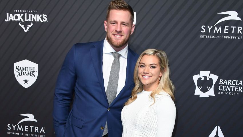  J. J. Watt and his girlfriend Kealia Ohai arrive for the 2017 Sports Illustrated Sportsperson of the Year Award Show on December 5, 2017, at Barclays Center in New York City.  / AFP PHOTO / ANGELA WEISS        (Photo credit should read ANGELA WEISS/AFP/Getty Images)