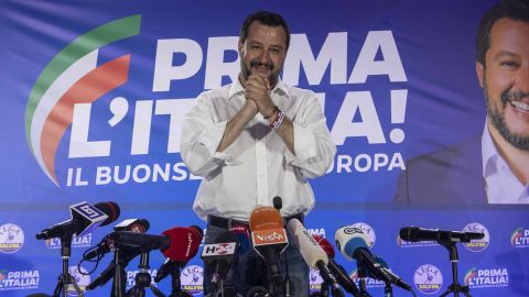 MILAN, ITALY - MAY 27: Italy's Deputy Prime Minister and leader of right-wing Lega (League) political party Matteo Salvini attends a news conference following the European Parliamentary election results at Lega's headquarter on May 27, 2019 in Milan, Italy. (Photo by Emanuele Cremaschi/Getty Images)