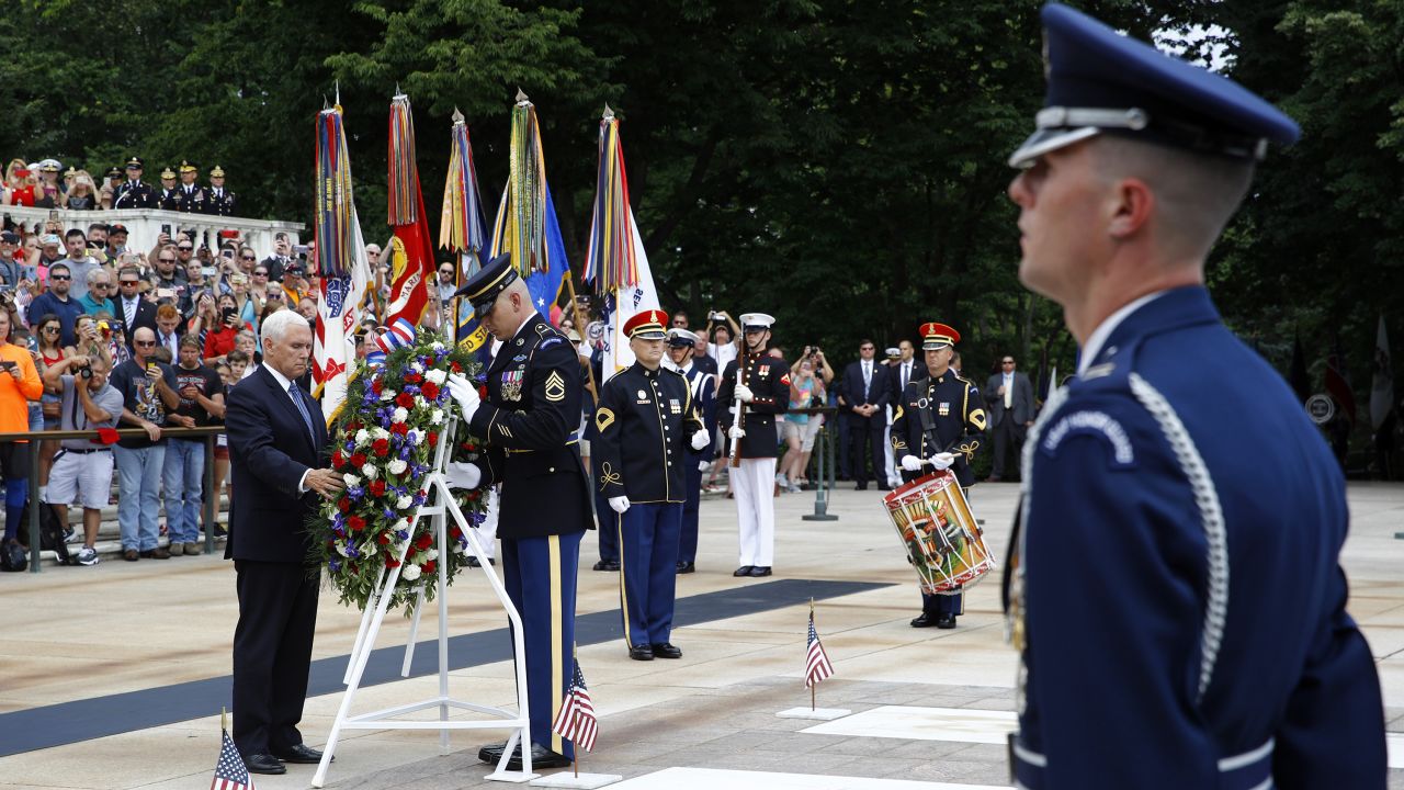 Vice President Mike Pence places a wreath in front of the Tomb of the Unknown Soldier at Arlington National Cemetery.