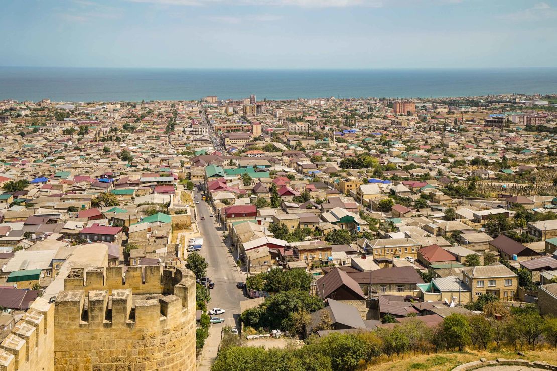 The city of Derbent and the Caspian Sea beyond, as seen from the walls of Derbent Fortress. 