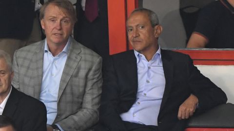 Aston Villa owners Nassef Sawiris (r) and Wes Edens looked on during a friendly match between Aston Villa and West Ham United at Banks' Stadium in July. 