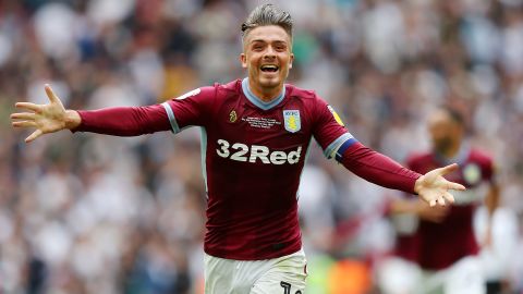 Jack Grealish of Aston Villa celebrates after his team's victory during the Championship playoff final at Wembley Stadium in London on Monday. 