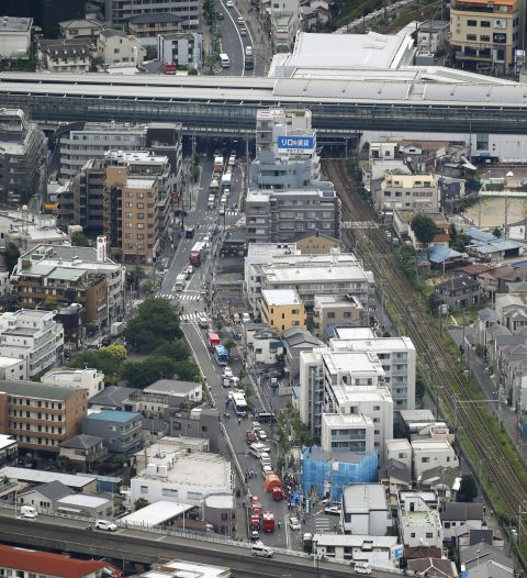 An ariel view shows an area near the scene of a stabbing spree by a man, thought to be in his 40s or 50s, in Kawasaki near Tokyo on Tuesday, May 28.