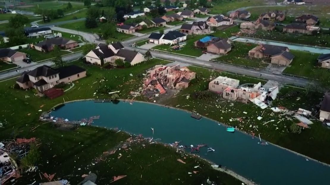 Aerial drone footage show debris scattered for acres in the western Ohio city of Celina. 