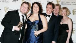 LONDON - APRIL 20: Gavin and Stacey's James Corden (L) and Ruth Jones (2ndL) pose with the Sky+ Audience Award for the Programme of the Year with Rob Brydon (3rdL), Chris Gernon (2ndR) and Joanna Page at the British Academy Television Awards 2008 at The Palladium on April 20, 2008 in London, England.  (Photo by Chris Jackson/Getty Images)