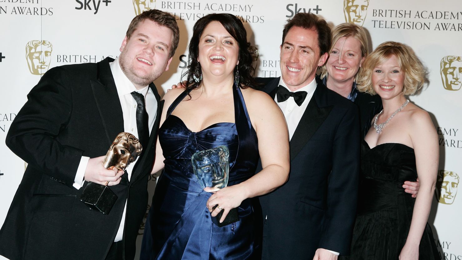 Gavin and Stacey's James Corden (left) and Ruth Jones (second left) pose with other members of the cast.