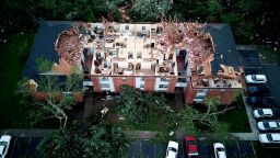 This aerial photo shows tornado damage at the Westbrooke Village Apartment complex in Trotwood, Ohio, Tuesday, May 28, 2019. (Doral Chenoweth III/The Columbus Dispatch via AP)