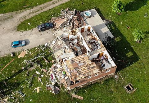 An aerial photo shows a damaged home in Brookville, which is a suburb of Dayton. "We went out in the streets and children were screaming and crying," <a href="https://www.cnn.com/2019/05/28/us/dayton-ohio-tornado-michael-sussman/index.html" target="_blank">Brookville resident Michael Sussman told CNN.</a> "Devastation everywhere."
