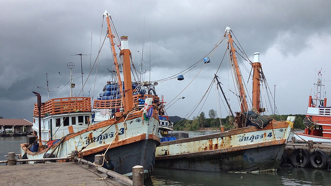 By dragging a large net between them, these Thai pair trawlers catch more fish than two boats operating independently.