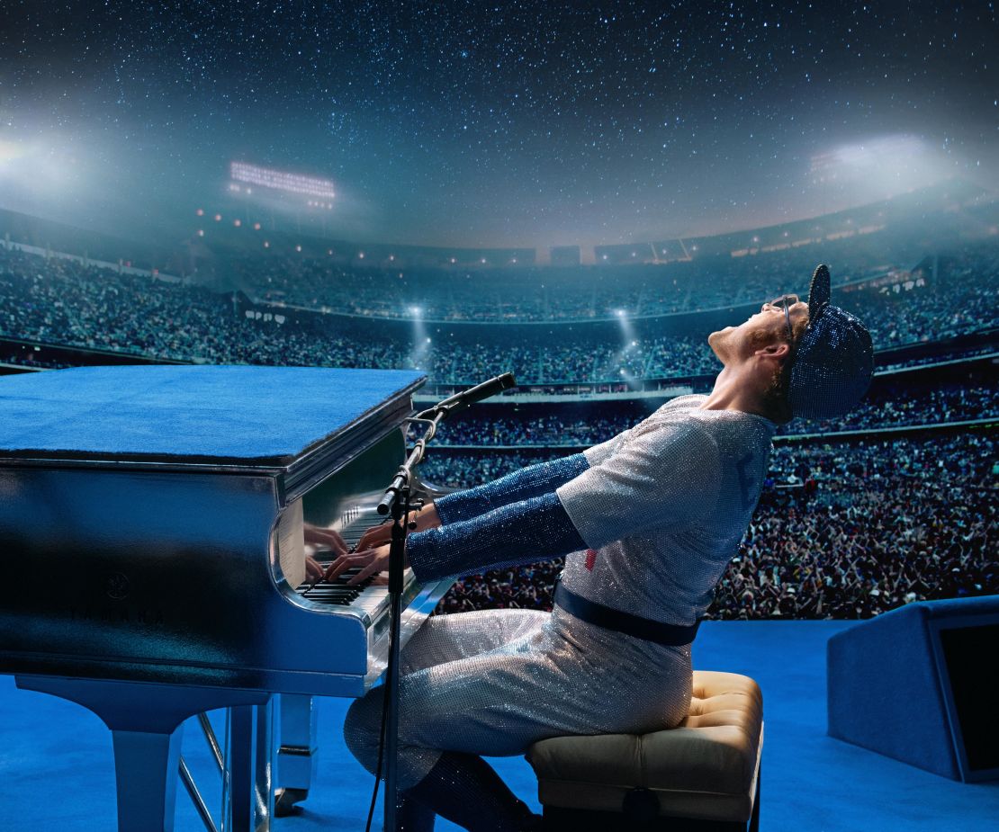 Taron Egerton recreating one of John's gigs at the Dodgers Stadium in Los Angeles in "Rocketman."