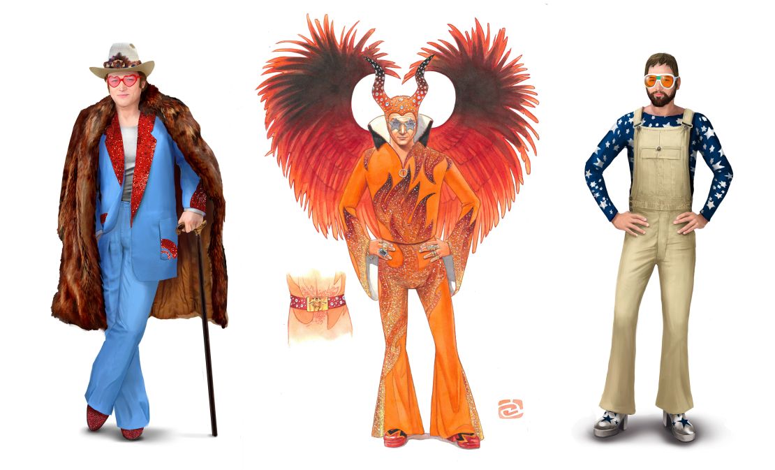 Costume illustrations for "Rocketman" by Darrell Warner, including the "Goodbye Yellow Brick Road" outfit (left).