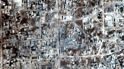 A satelite overview of the Syrian town of Kafr Nabudah on Saturday shows damaged and destroyed buildings.