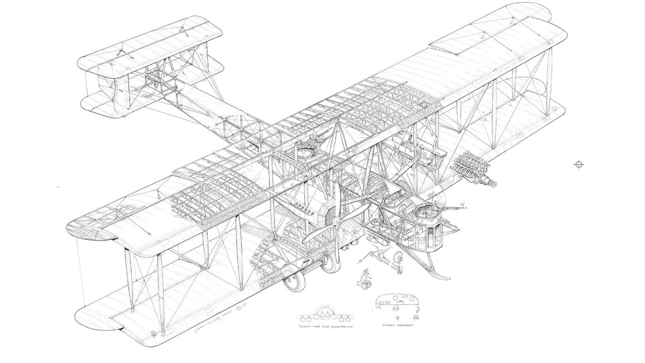 <strong>Intricate design</strong>: The Vickers-Vimy biplane design sketch, by technical artist Frank Munger.