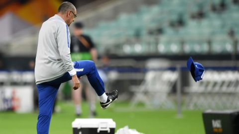 Chelsea boss Sarri kicks his hat in frustration ahead of the Europa League final